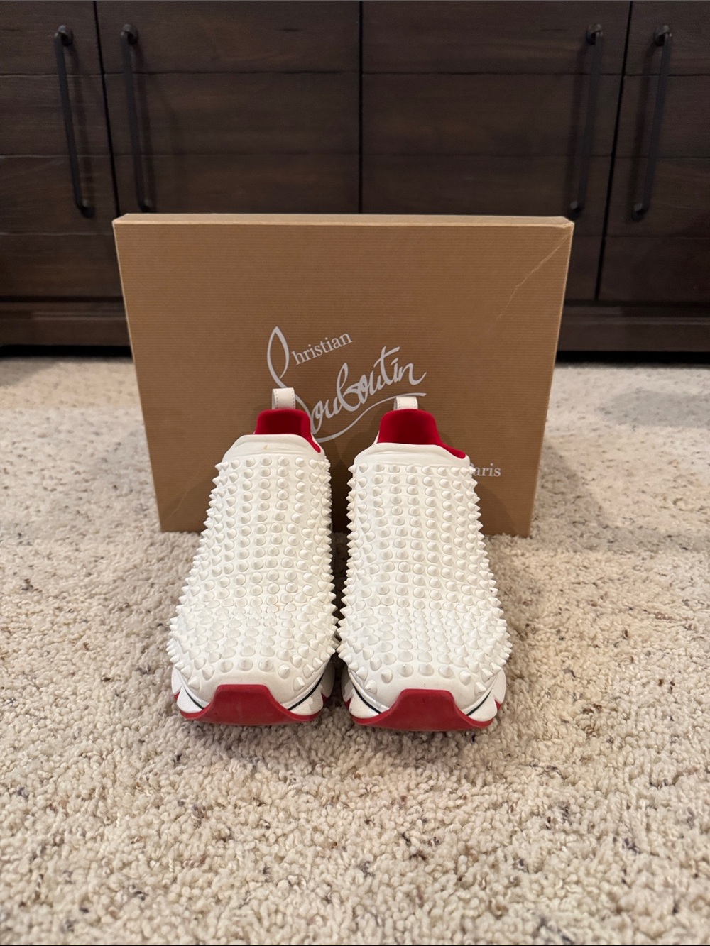 Christian Louboutin White Pearl-Stud Slip-On Sneakers with Red Accents - Picture 2 of 5